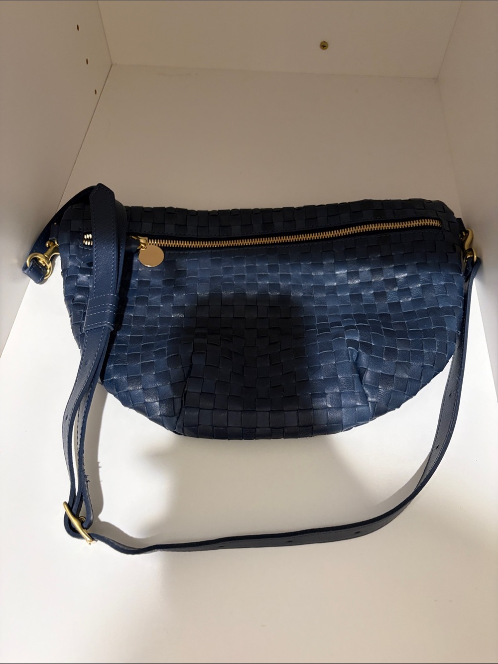 Clare V Navy Woven Crossbody with Gold Hardware